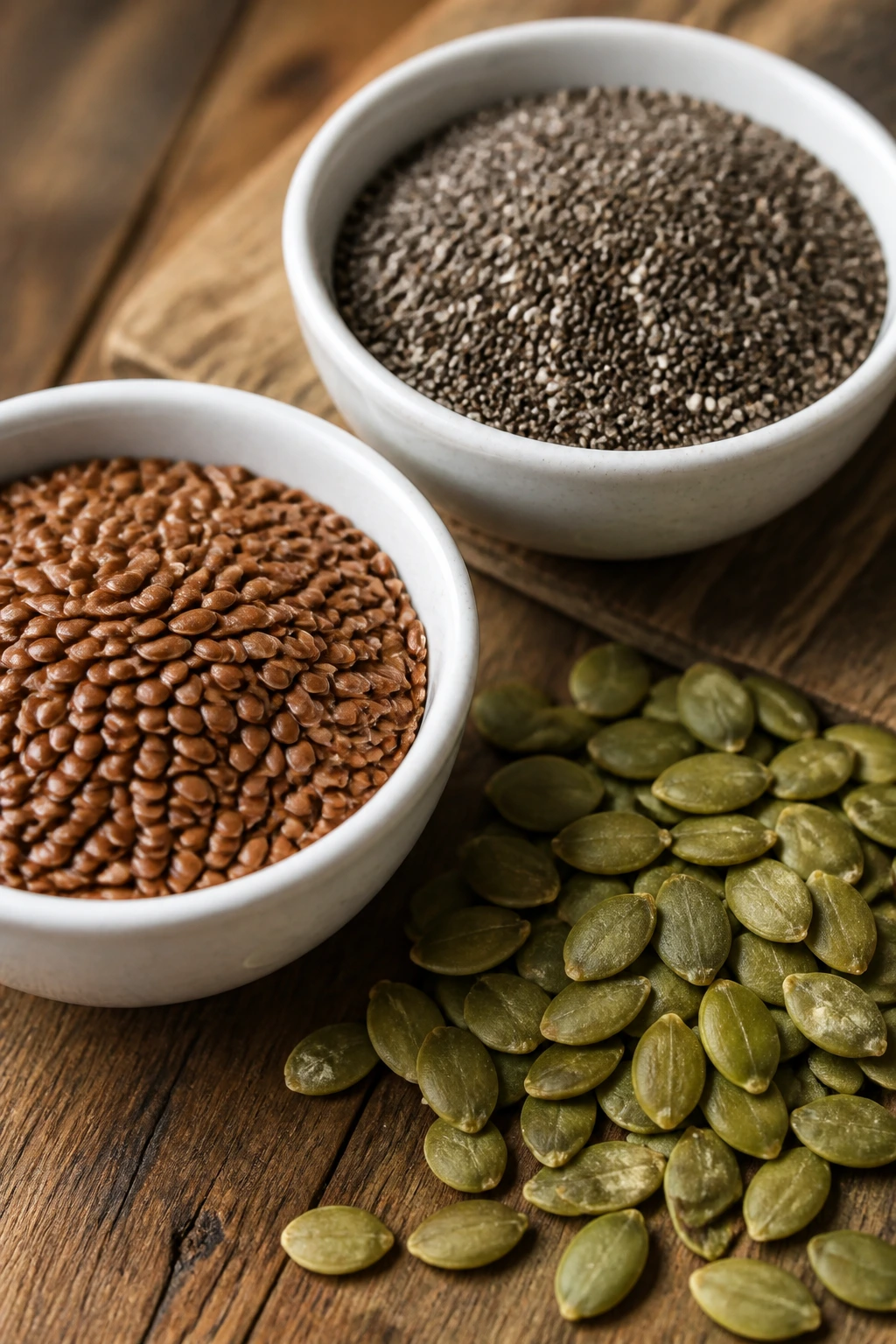 Flax, chia, and pumpkin seeds arranged for nutrition