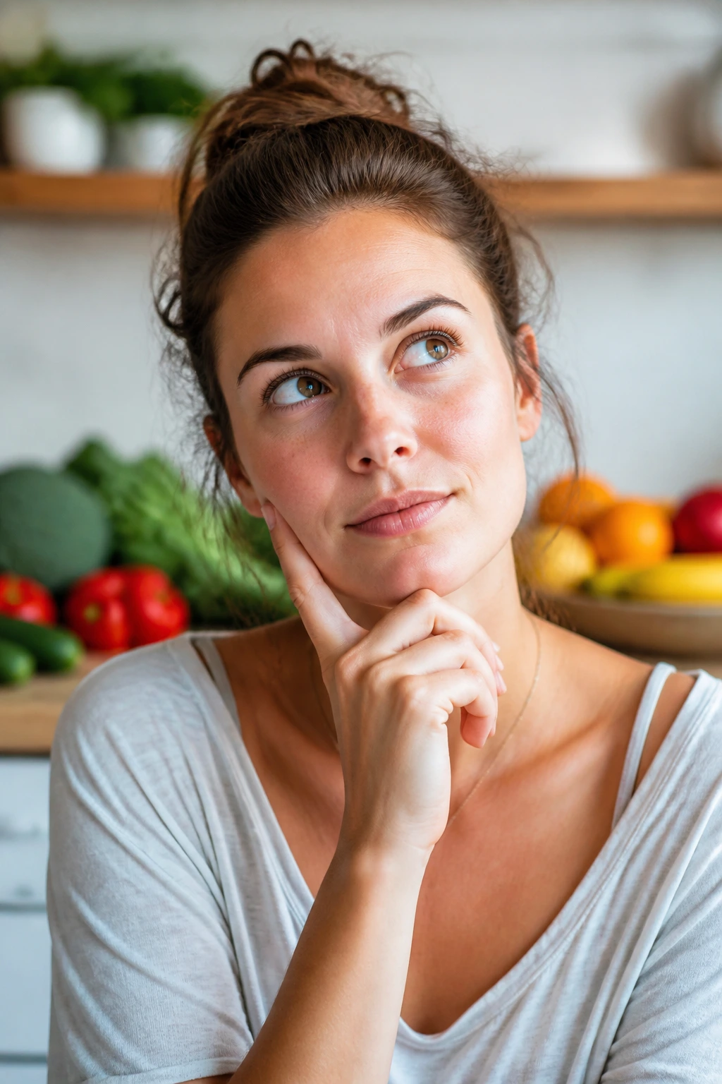 Real person in kitchen with thoughtful expression