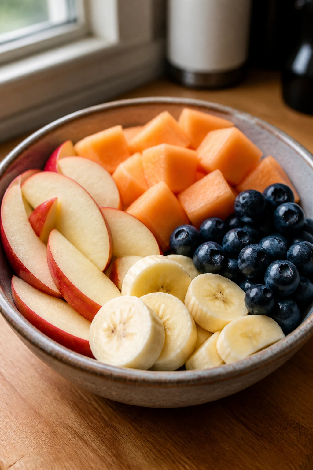 Close-up of colorful fruits in a rustic bowl: apples, bananas, blueberries, cantaloupe
