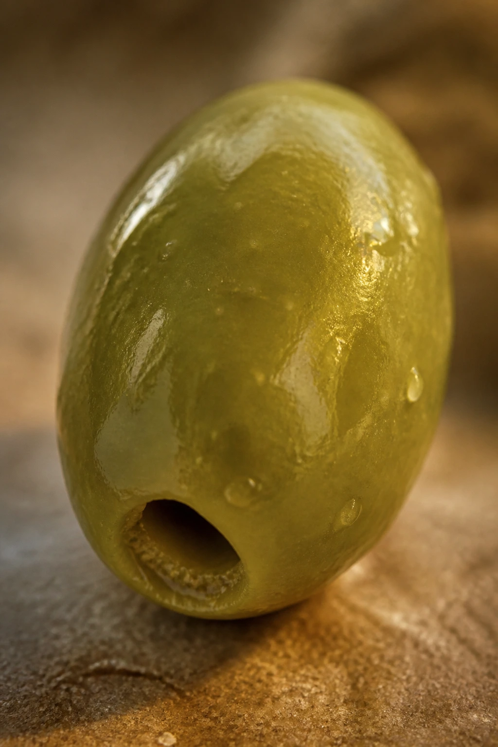 Close-up of a single green olive on a rustic surface