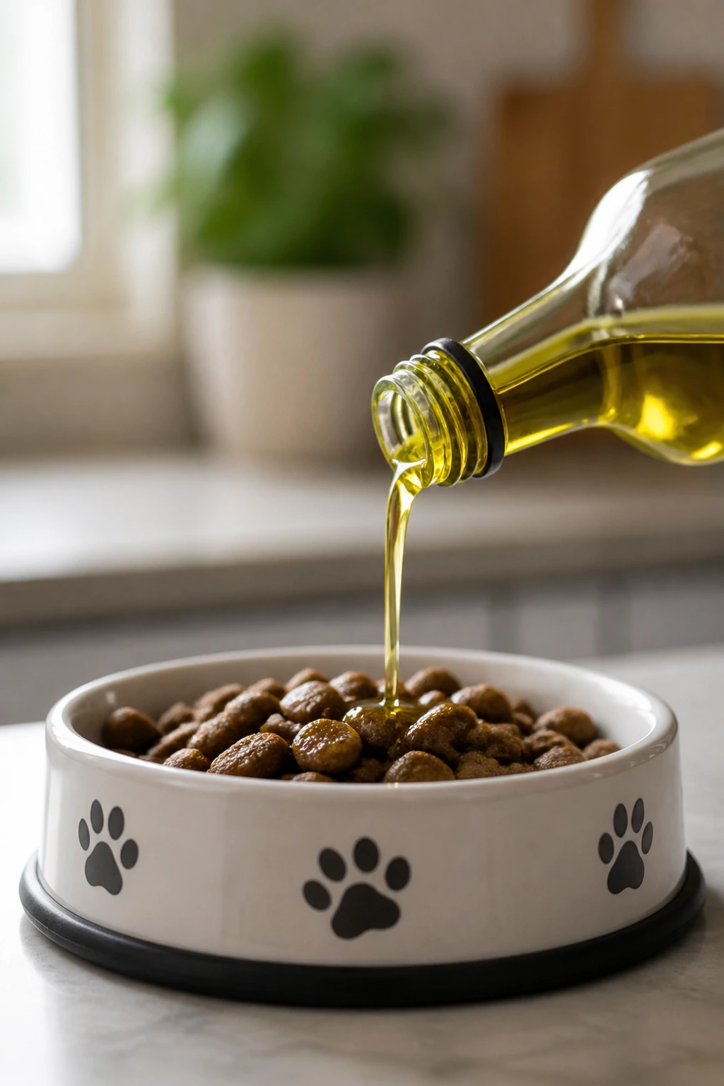 Olive oil being poured into a dog food bowl in a kitchen.