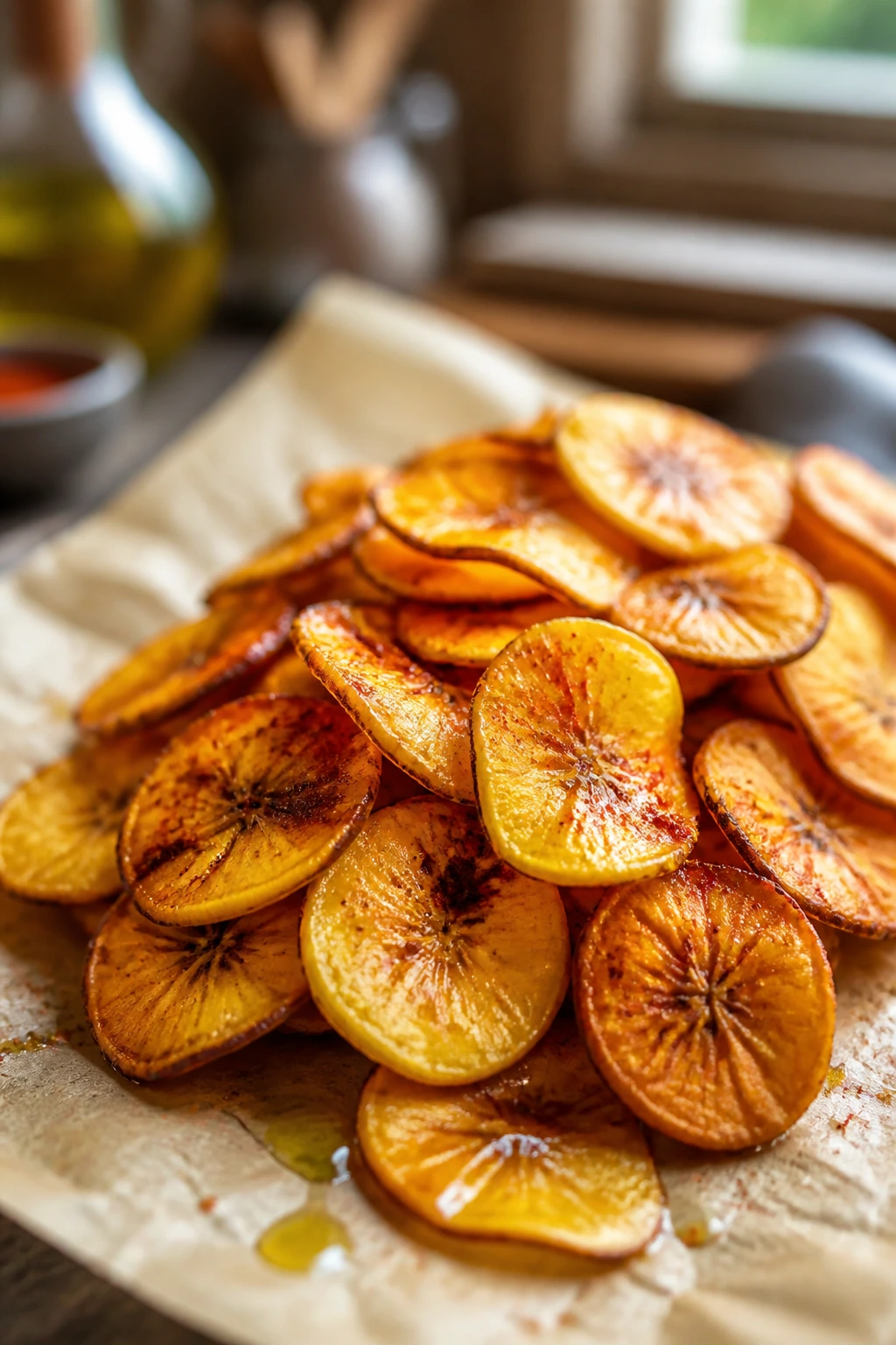 Are Baked Plantain Chips Healthy? 4 Baked plantain chips with light oil and paprika