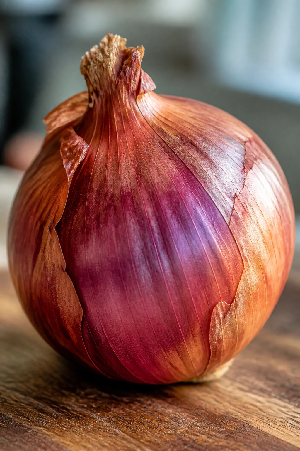 Close-up of a single onion on a wooden cutting board with warm kitchen light