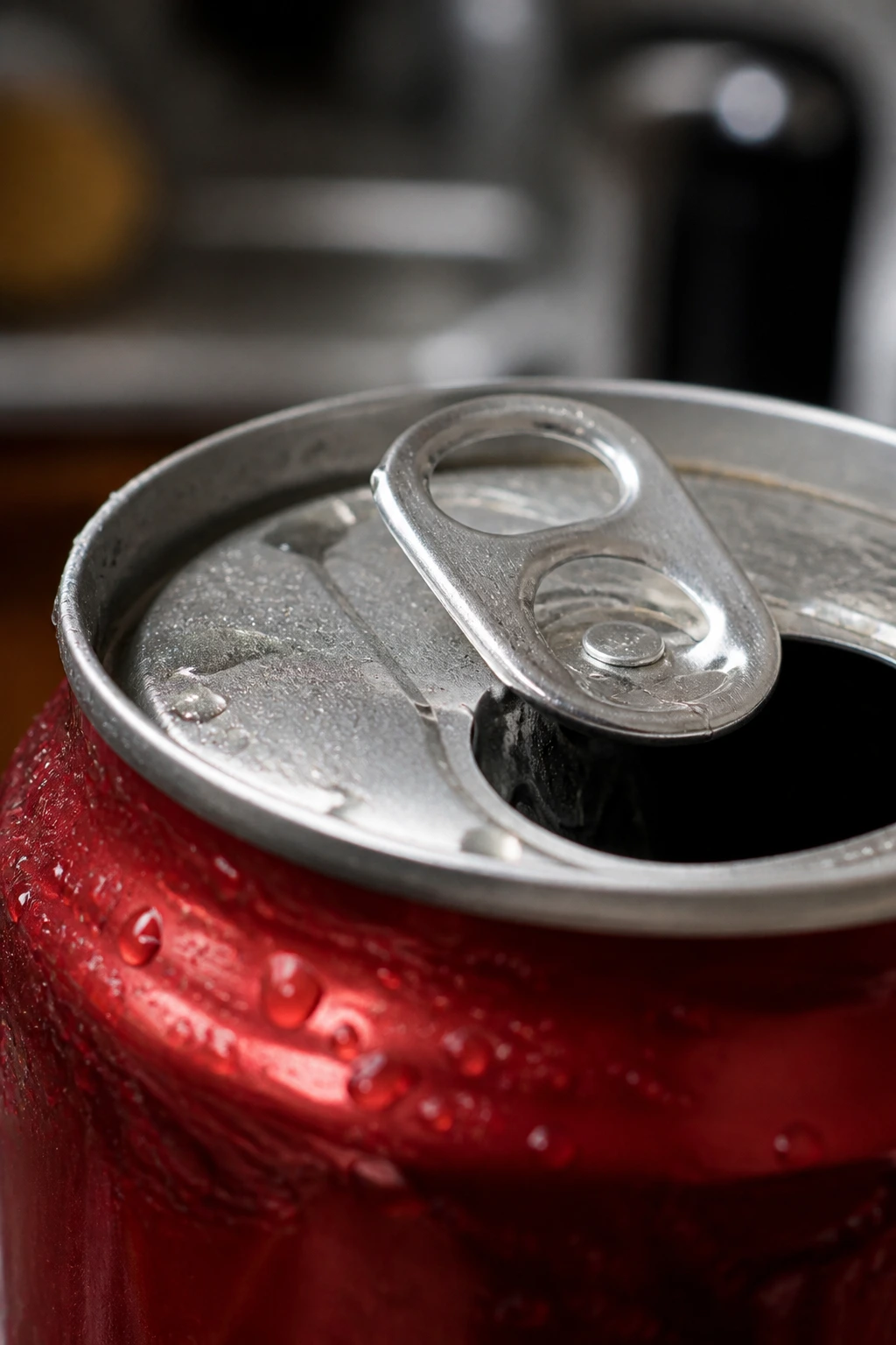 Extreme close-up of an open soda can with droplets on the rim