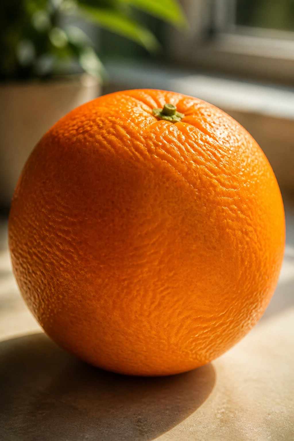 Close-up of a bright orange on a sunlit kitchen counter