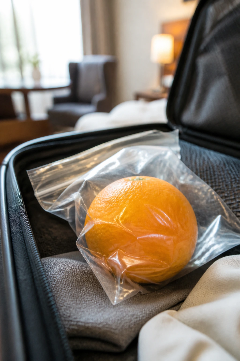 Orange inside a clear bag in carry-on luggage, domestic flight context.