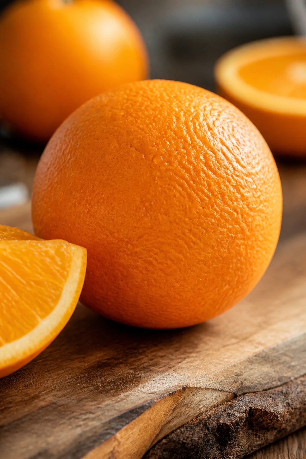 Are Oranges Good For Sore Throat And Cough? 1 Close-up of a vibrant orange on a rustic wooden board, showcasing color and texture.