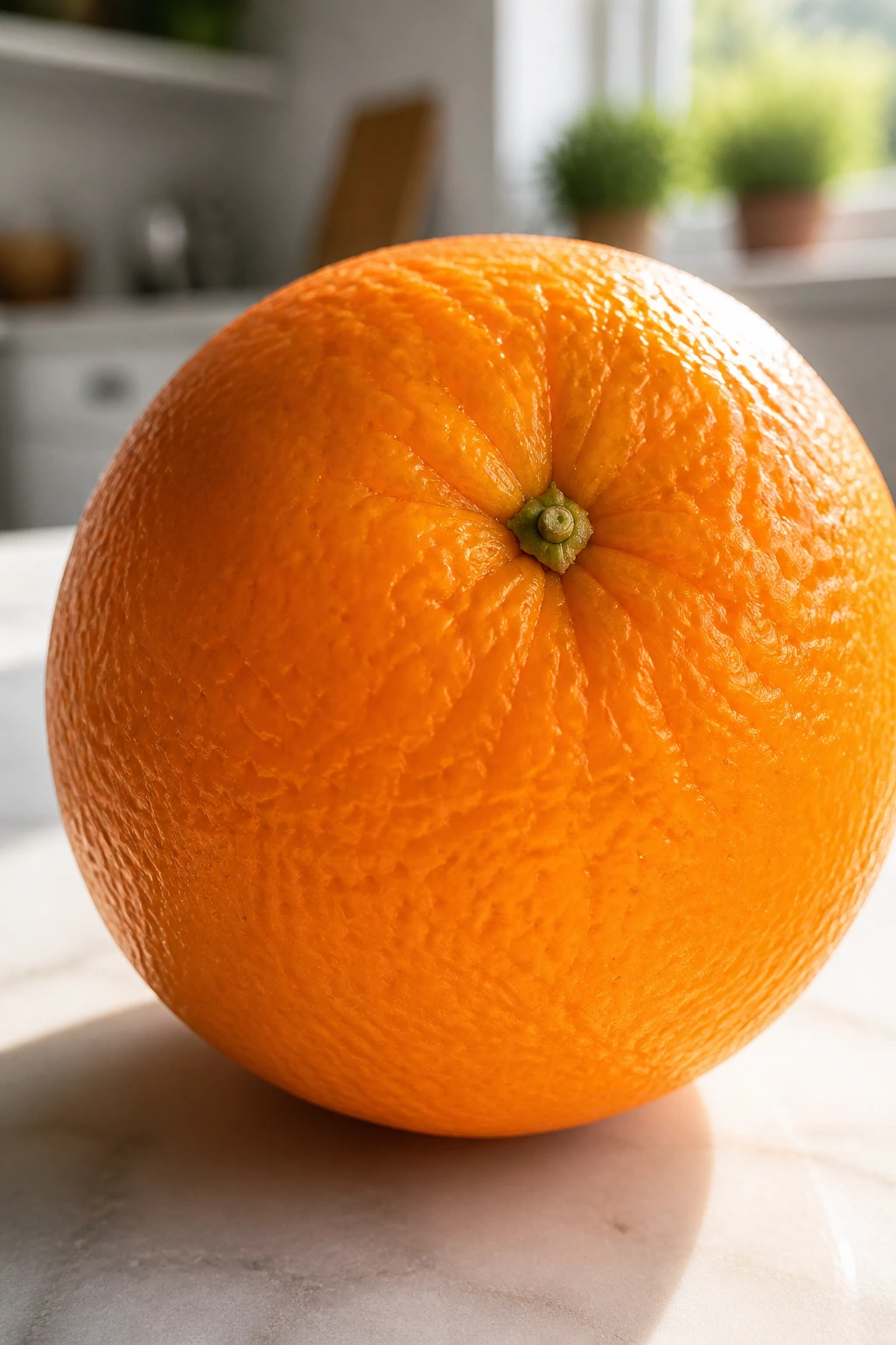 Close-up of an orange with textured peel in a bright kitchen