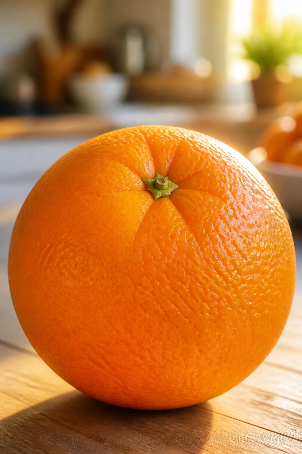 Close-up of a single orange on a wooden kitchen counter