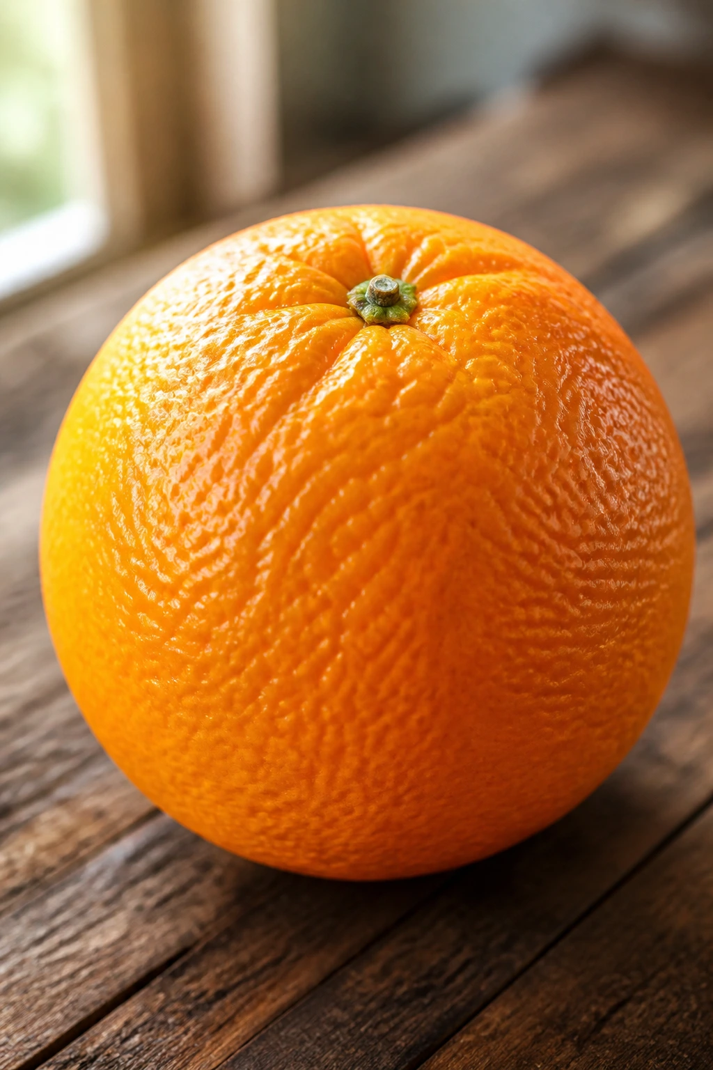 Close-up of a single ripe orange on a wooden surface, highlighting texture and color