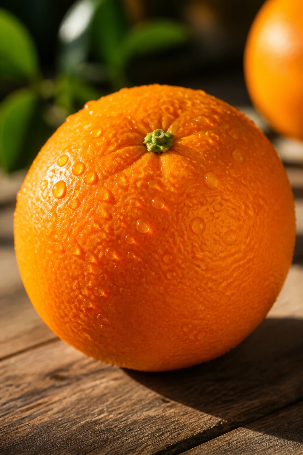 Close-up of an orange with droplets on a wooden surface