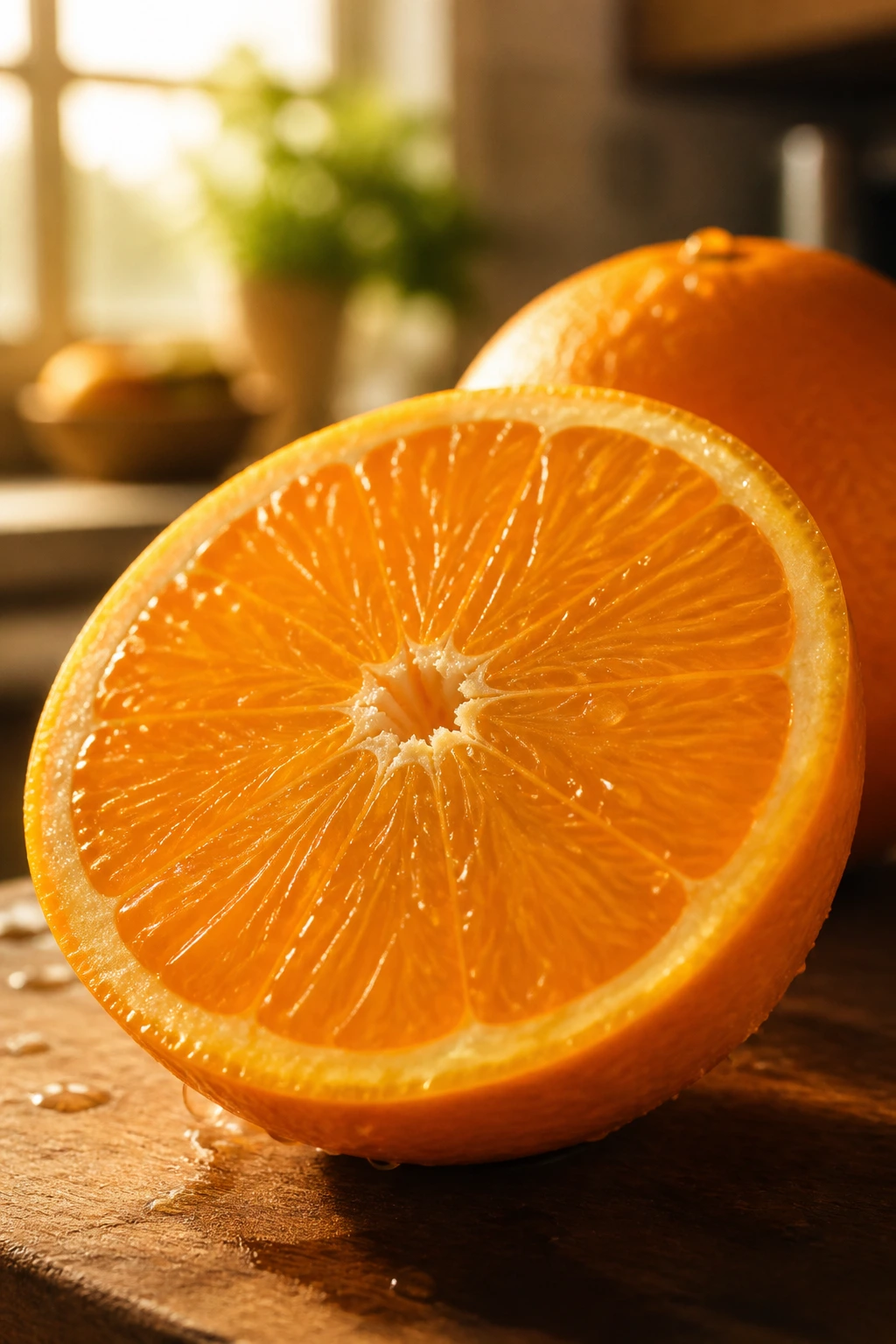 Are Oranges Good For Sore Throat And Cough? 3 Bright orange half with juicy segments in warm kitchen light.