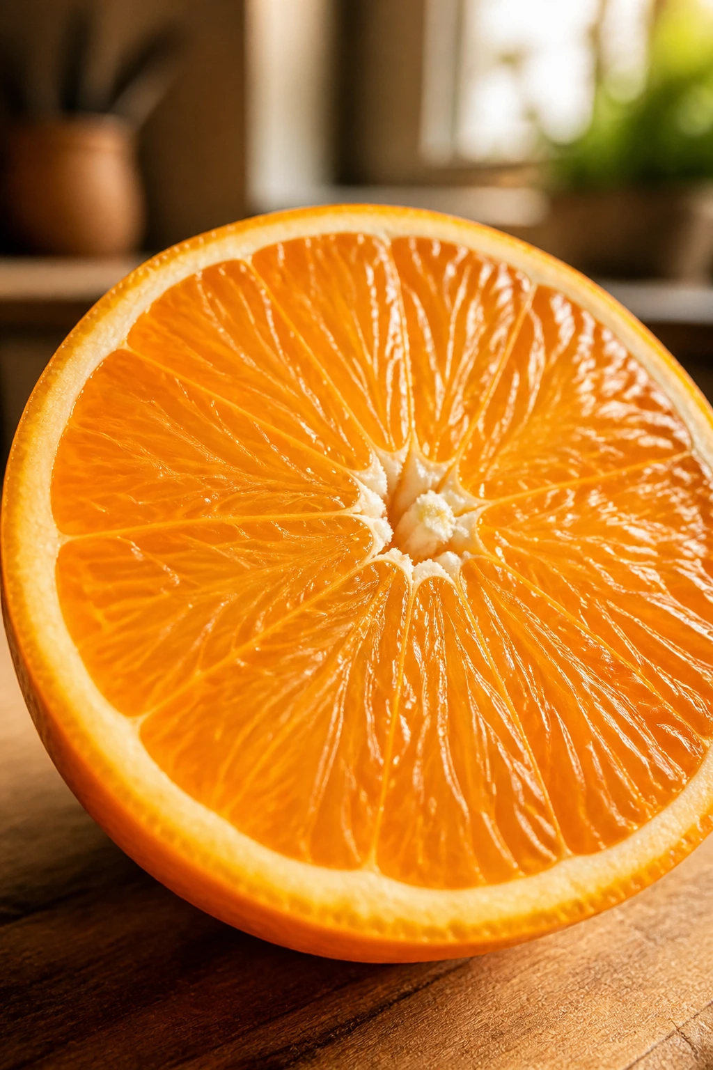 Close-up of a juicy orange cut in half showing segments and zest in a warm kitchen.