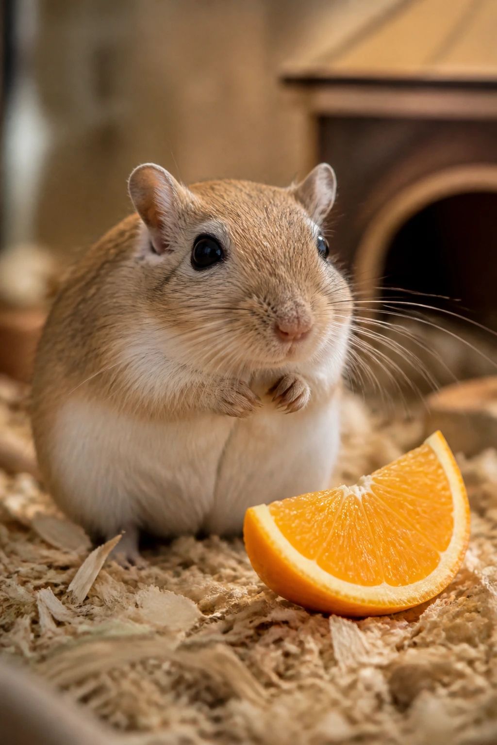 Can Gerbils Eat Oranges? All You Need To Know 4 Gerbil beside orange slice illustrating potential dietary risks
