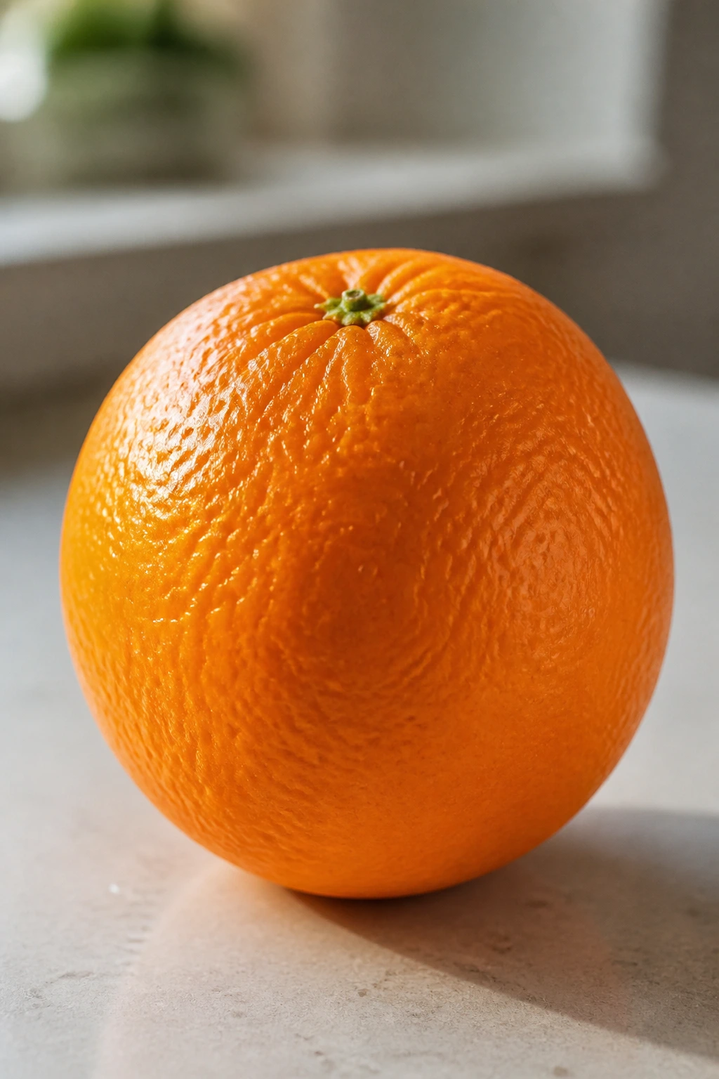 Close-up of a single orange on a kitchen counter, implying diabetes-friendly eating.