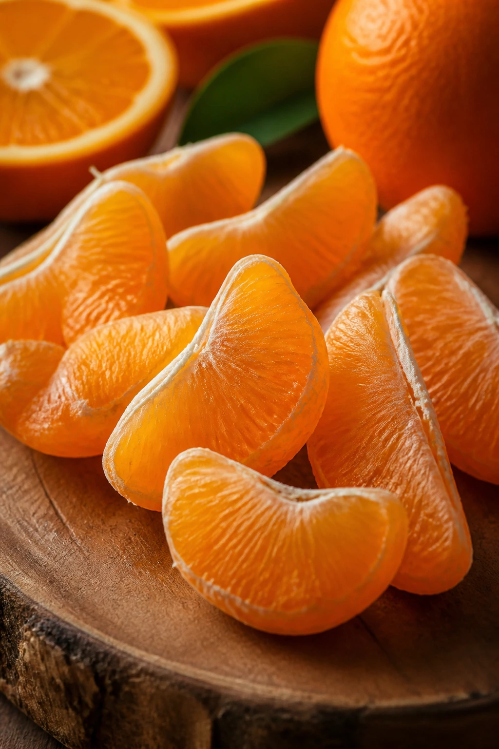 Citrus Relief: Are Oranges Good For Diarrhea? 2 Close-up of fresh orange segments on a wooden board in warm kitchen lighting.