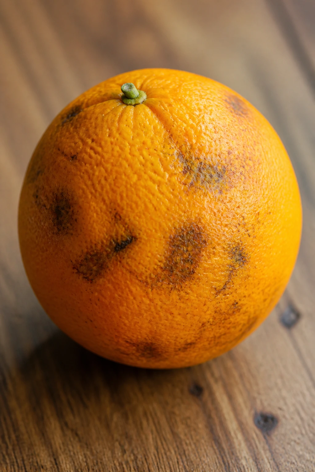 Citrus Relief: Are Oranges Good For Diarrhea? 6 Orange with browning spots on a wooden surface illustrating potential downsides.