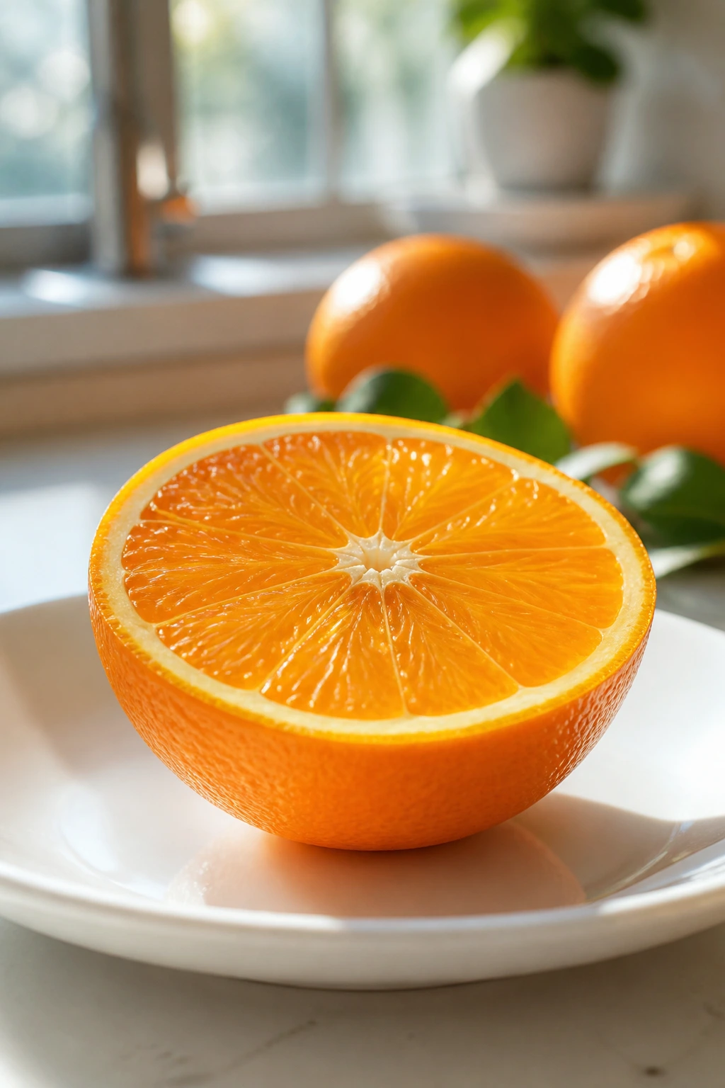 Halved orange and segments on plate in bright kitchen