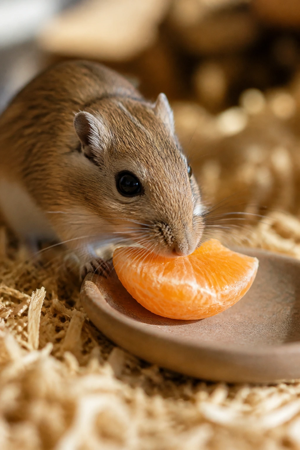 Can Gerbils Eat Oranges? All You Need To Know 2 Gerbil nibbling orange segment in terrarium