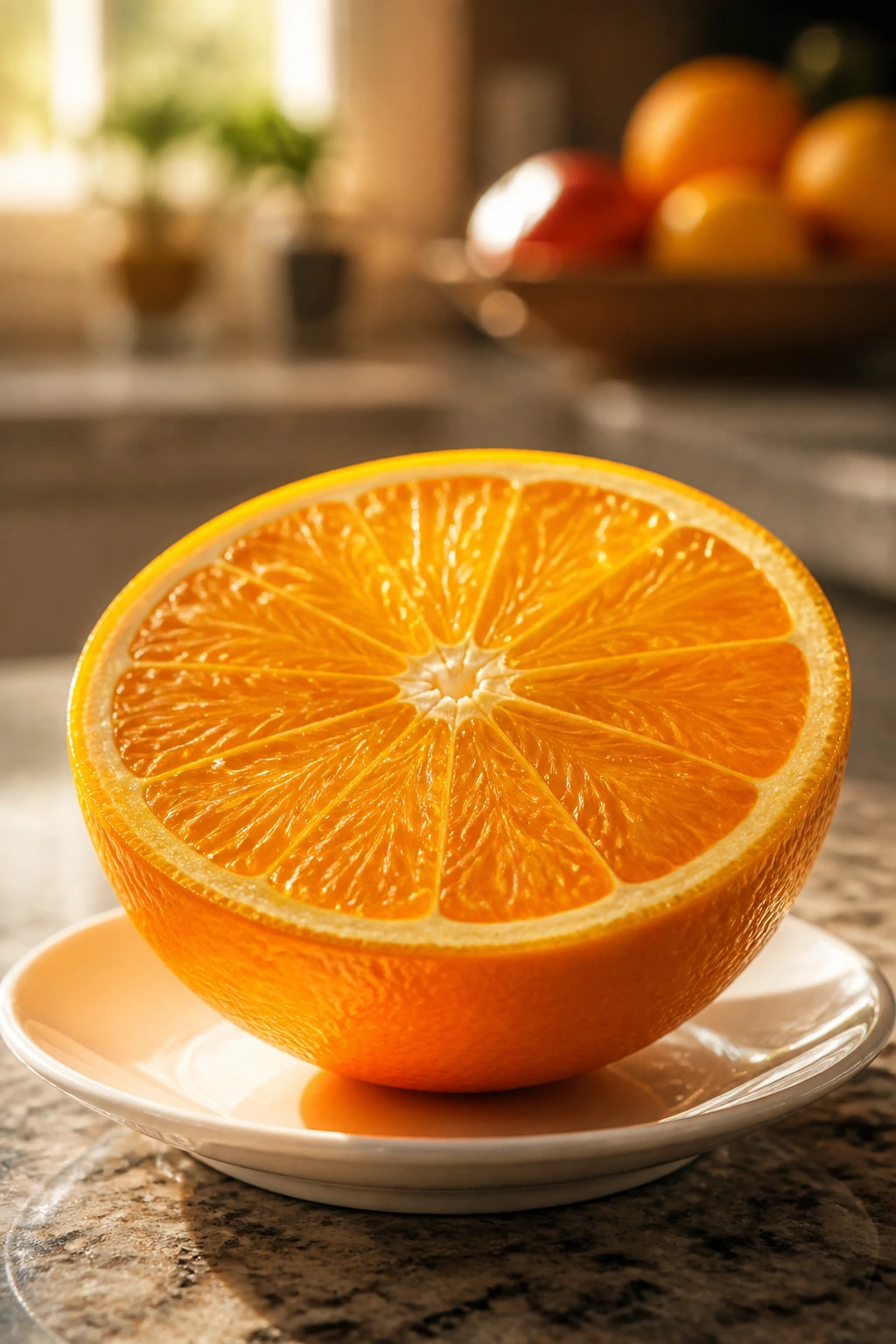 Fruit For Breakfast: Is It Good To Eat Fruit In The Morning? 1 Close-up of a ripe orange half on a plate in morning light, suggesting fruit at breakfast.