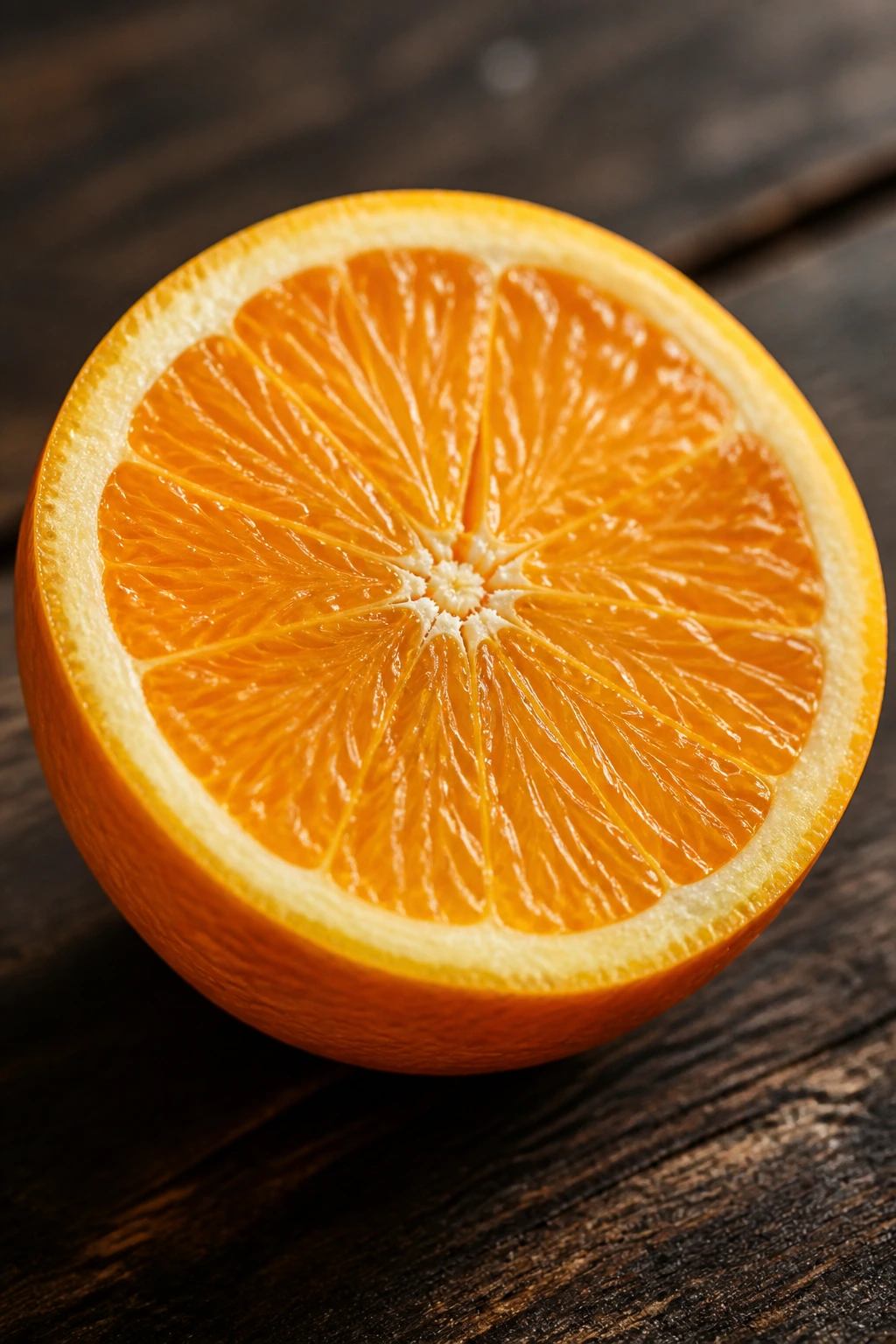 Half orange showing juicy segments on a wooden surface