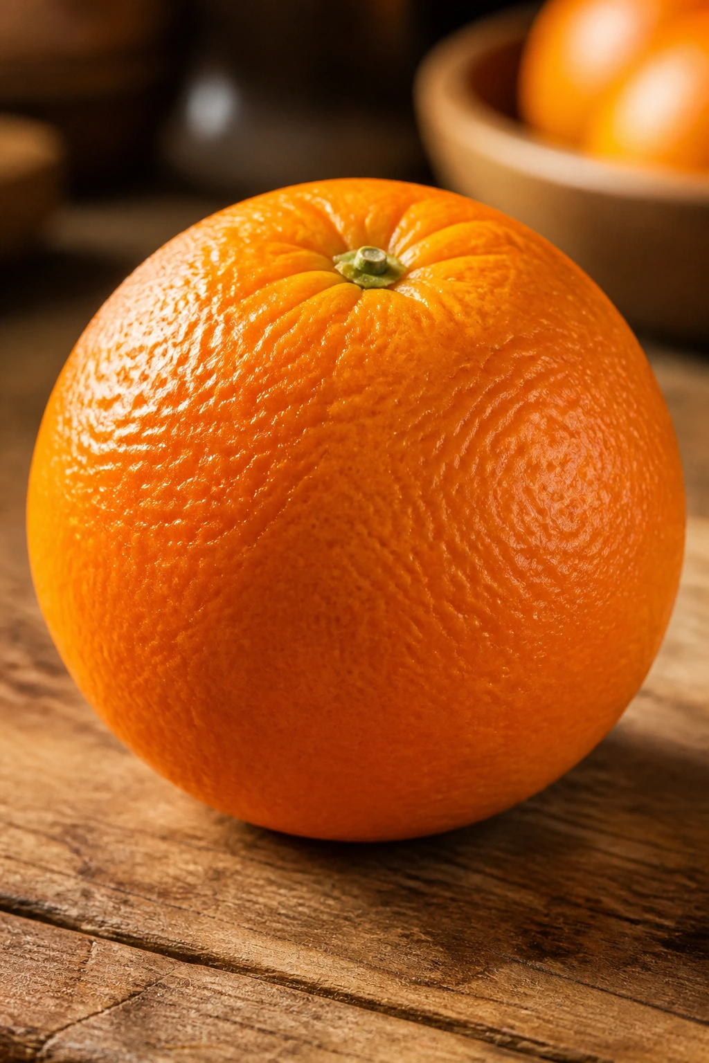 Citrus Support: Are Oranges Good For Diverticulitis? 1 Close-up of a single orange on a rustic wooden kitchen counter in warm light
