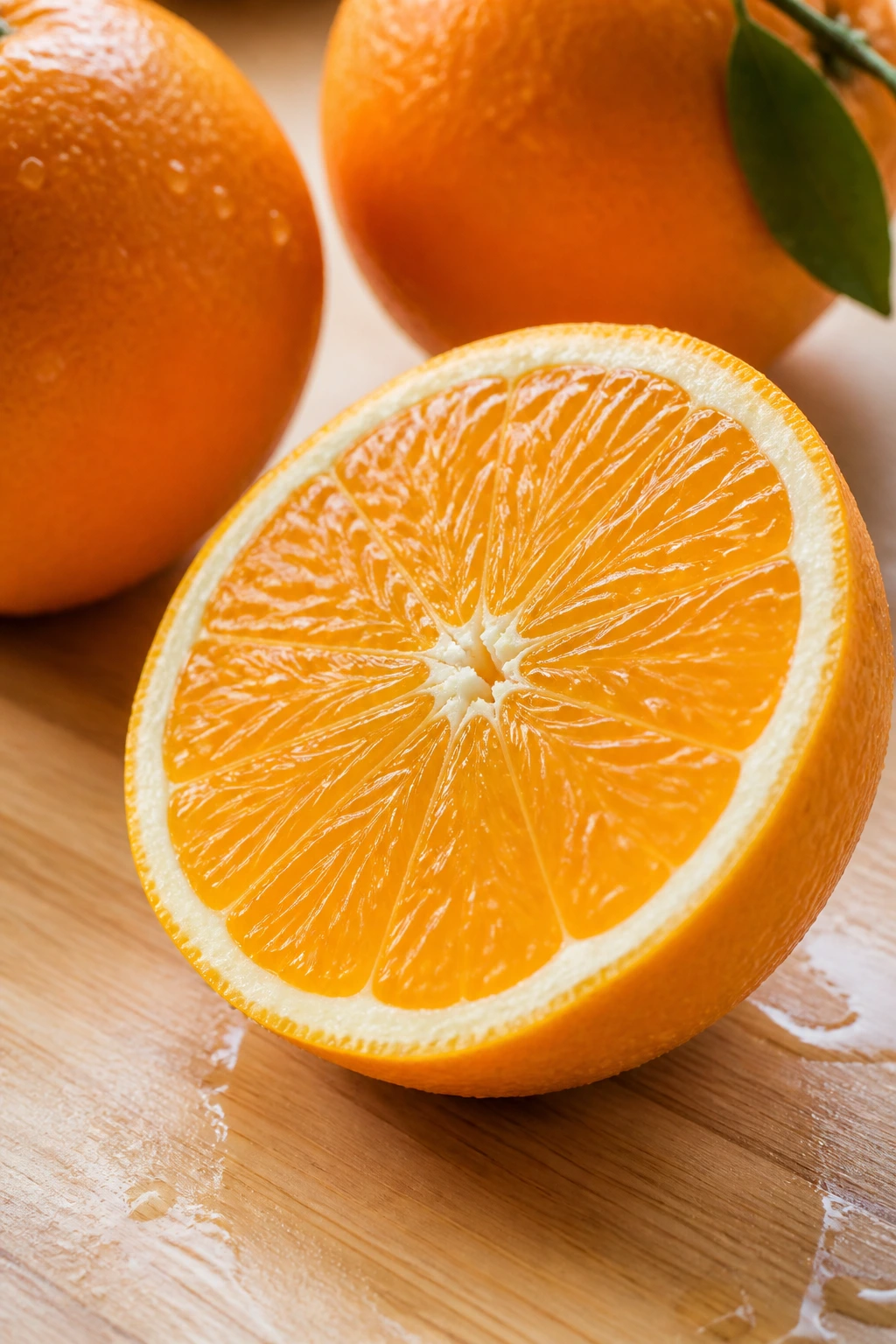 Are Oranges Good For Cough and Cold? 3 Juicy halved orange with droplets on rind on wooden surface