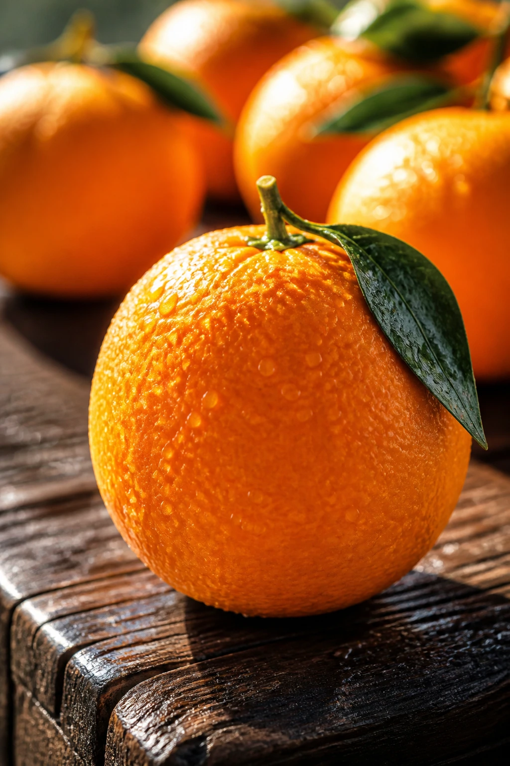Orange Power: Are Oranges Good For Weight Loss? 4 Dewy orange on rustic wood, emphasizing hydration and vitamin C for weight loss support.