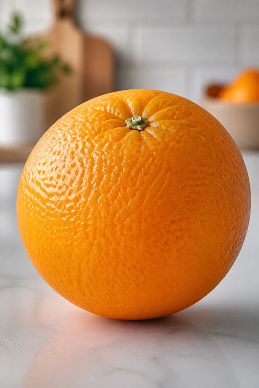 Close-up of a single orange on a kitchen counter under soft light
