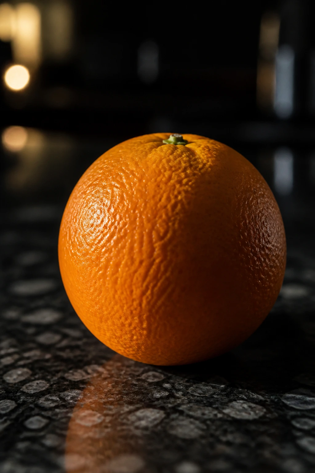 The Top 10 Worst Fruits Not To Eat At Night And Why 2 Close-up of an orange on a dark counter with moody night lighting.