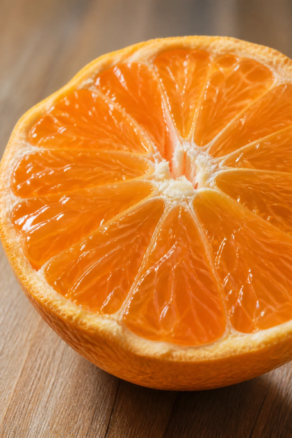 Close-up of peeled orange half with bright segments on wood.