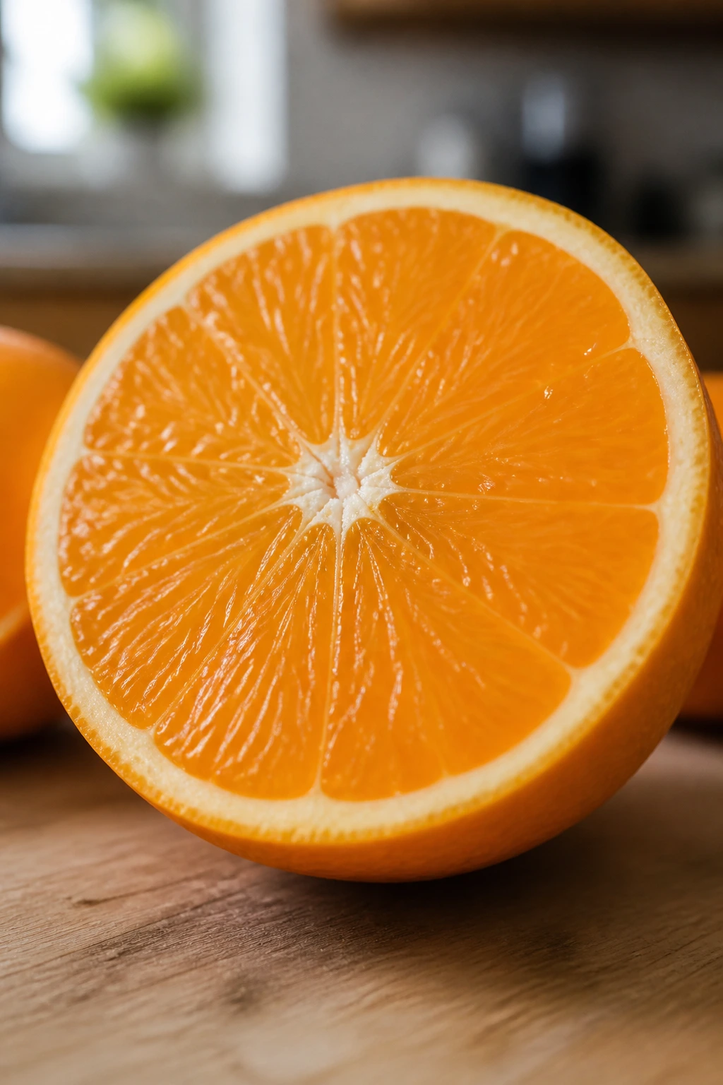 Citrus Support: Are Oranges Good For Diverticulitis? 2 Halved orange showing juicy segments in a softly blurred kitchen setting