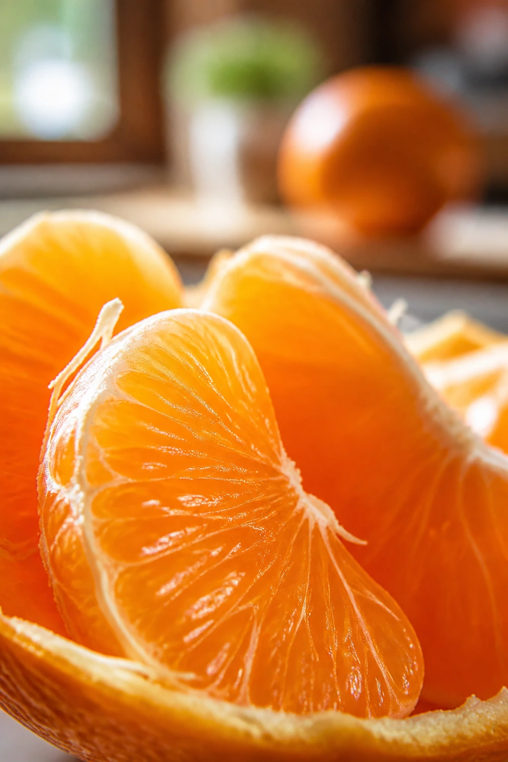 Citrus Magic: Are Oranges Good For Acne? 3 Peeled orange segments filling frame under natural kitchen light
