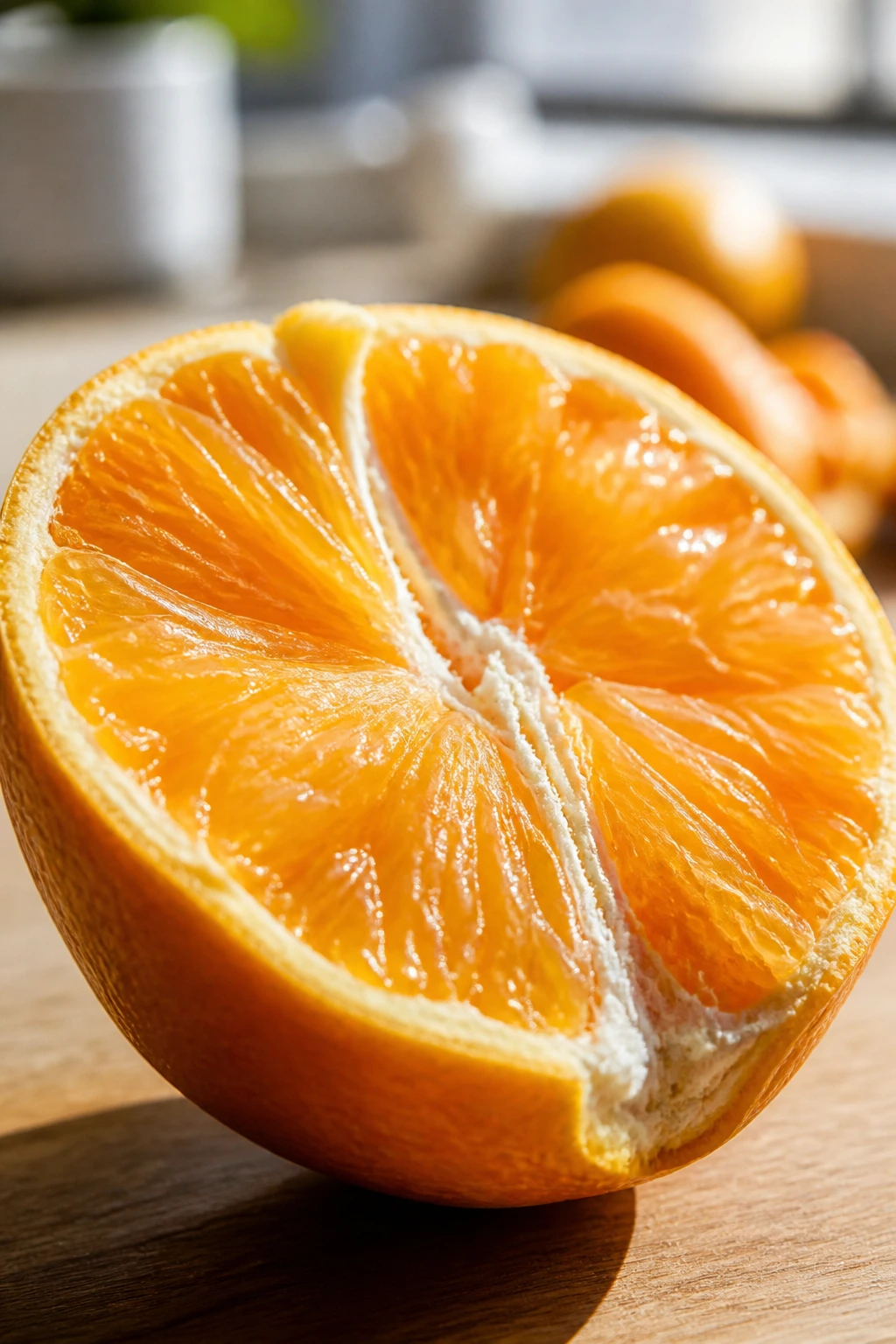 Orange Power: Are Oranges Good For Weight Loss? 2 Peeled orange half close-up with juicy segments, sunlit kitchen, emphasizing natural sugars and fiber for weight loss.