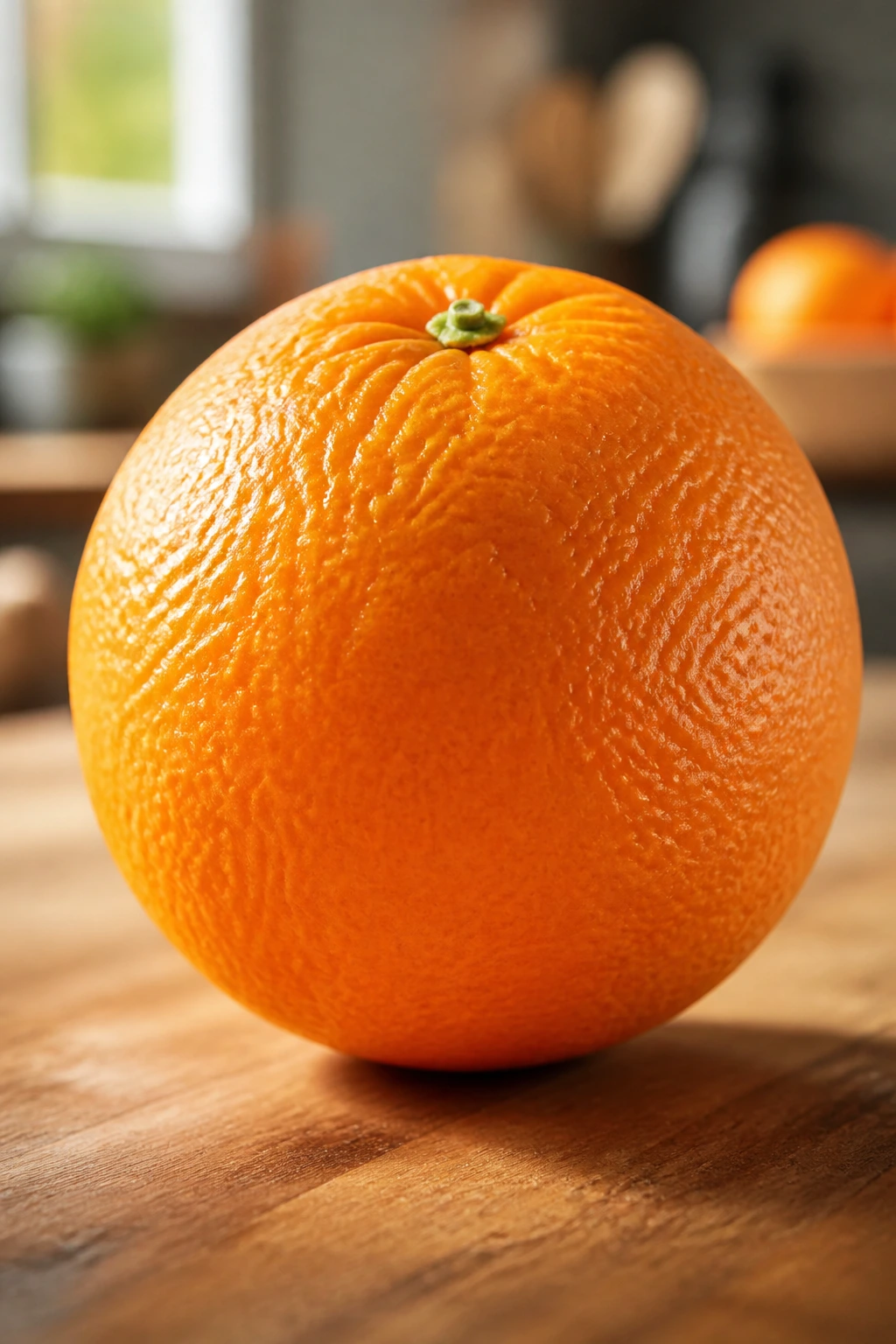 Single orange on wooden counter with warm light