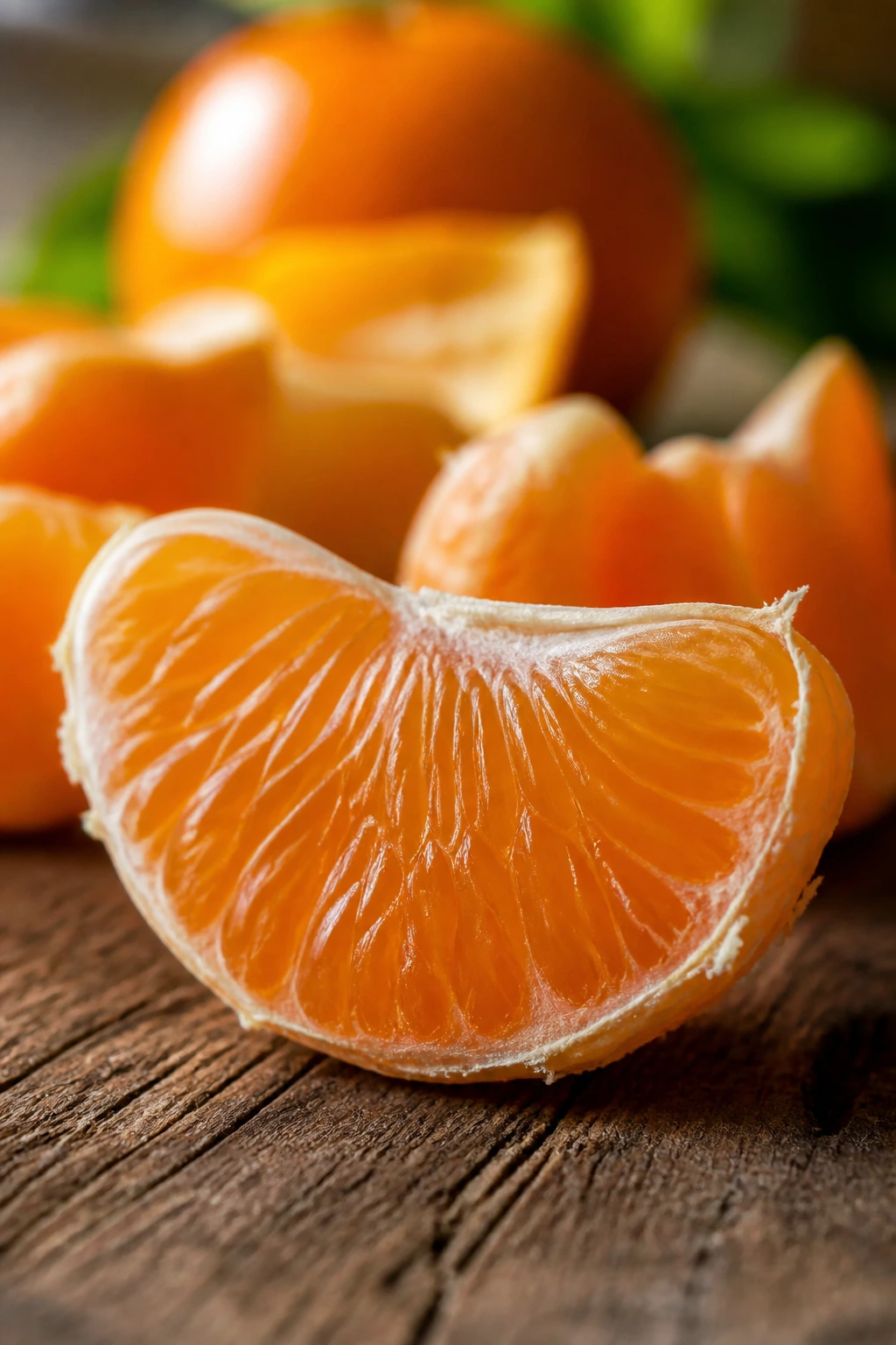 Peeled orange segment on wooden table in natural light