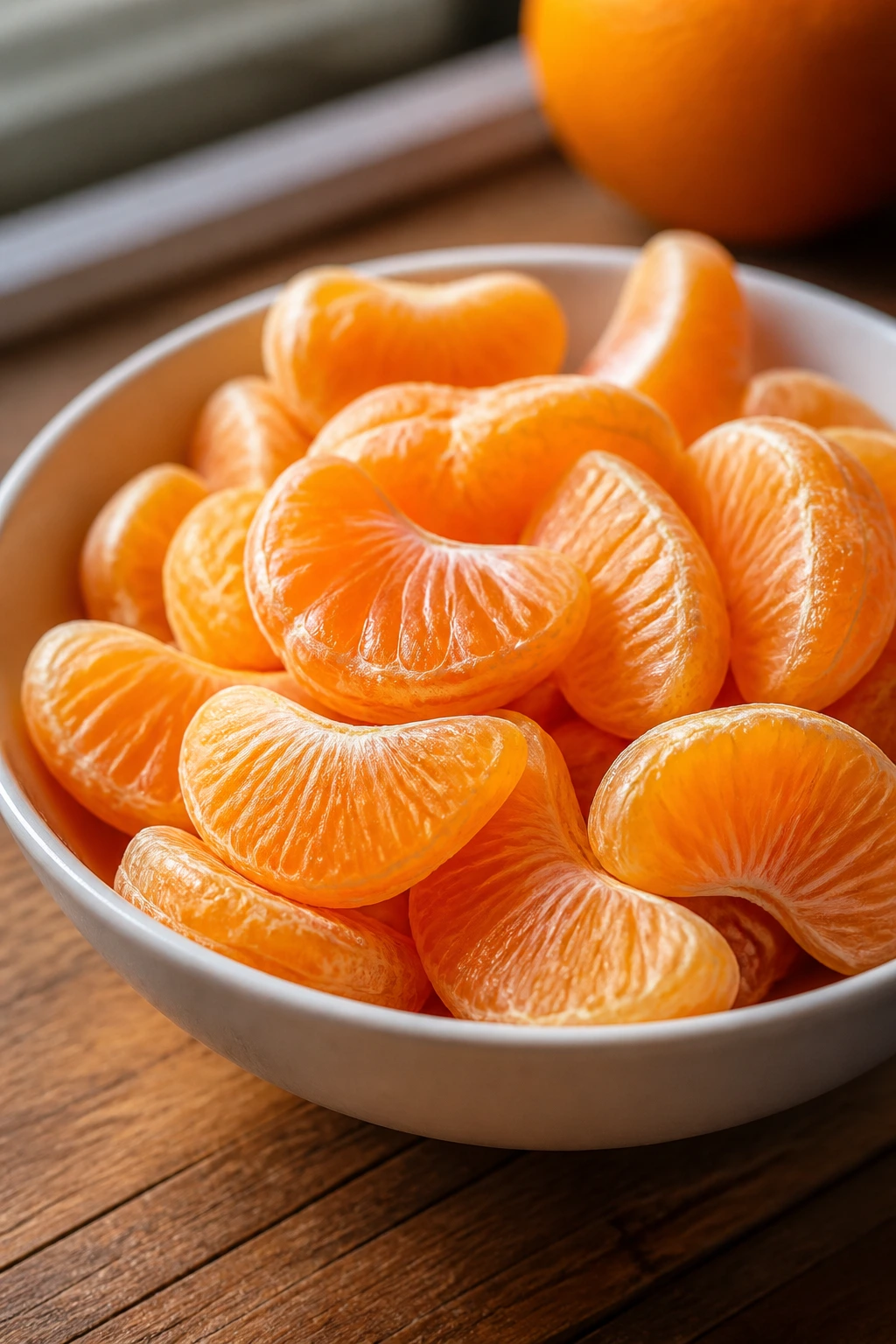 Fresh orange segments in a bowl in natural light