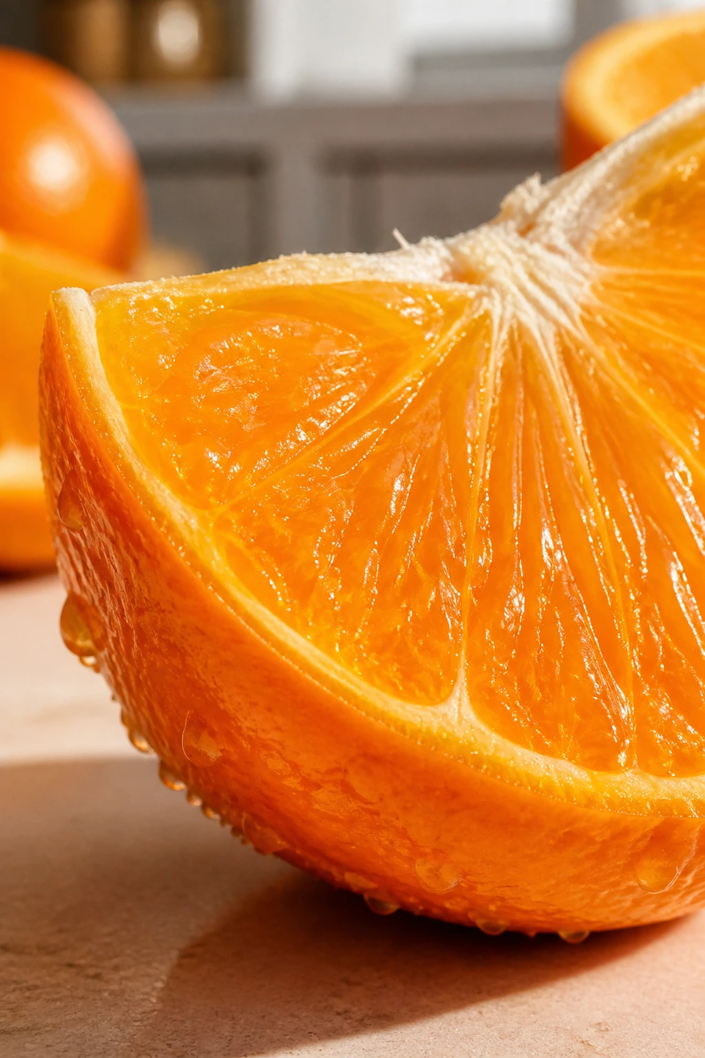 Are Oranges Good For Sore Throat And Cough? 2 Close-up of a peeled orange wedge with droplets in a bright kitchen.