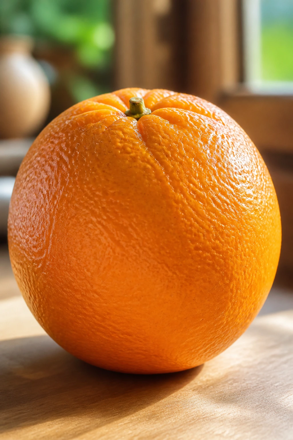 Close-up of an orange fruit in sunlit kitchen