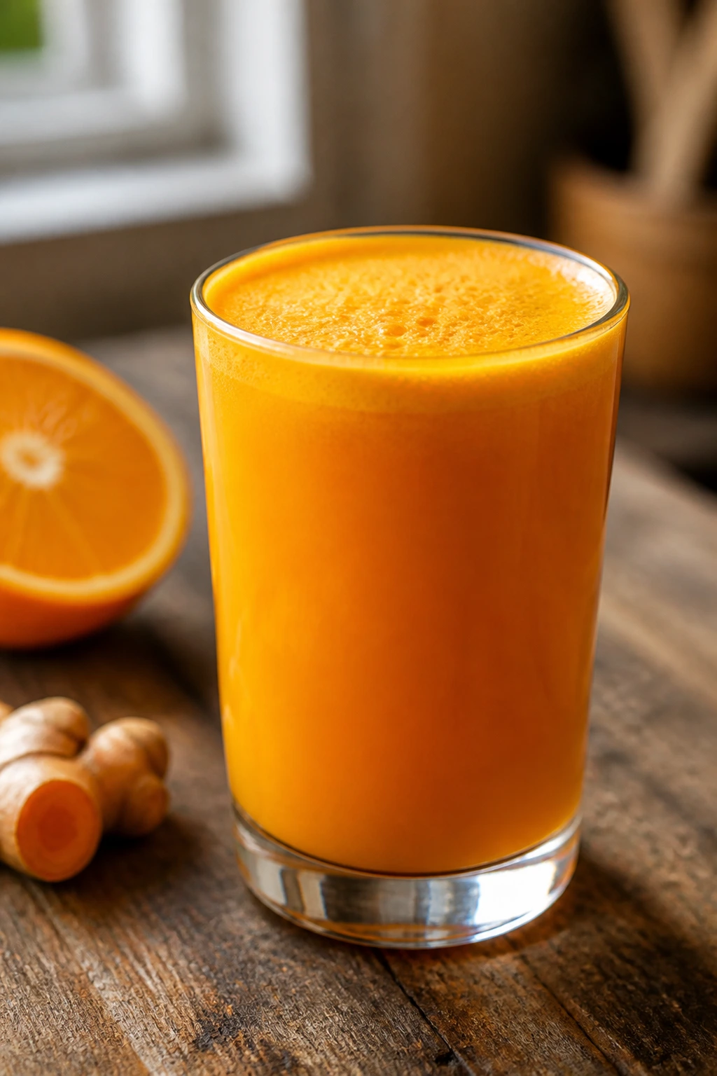 Close-up of a glass of orange turmeric juice on a wooden counter with morning light
