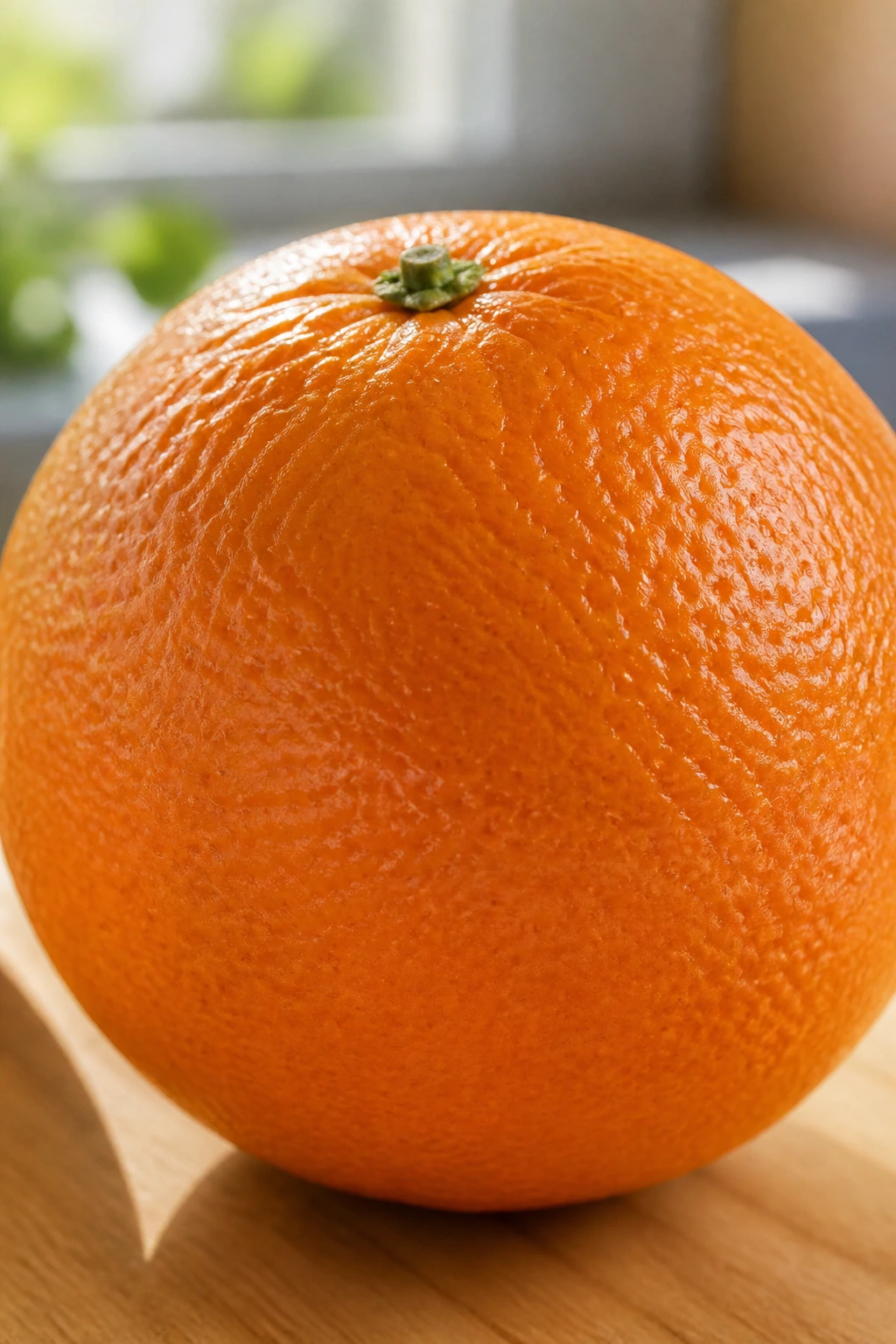 Are Oranges Good For Cough and Cold? 1 Close-up of a single ripe orange on a wooden counter with warm window light