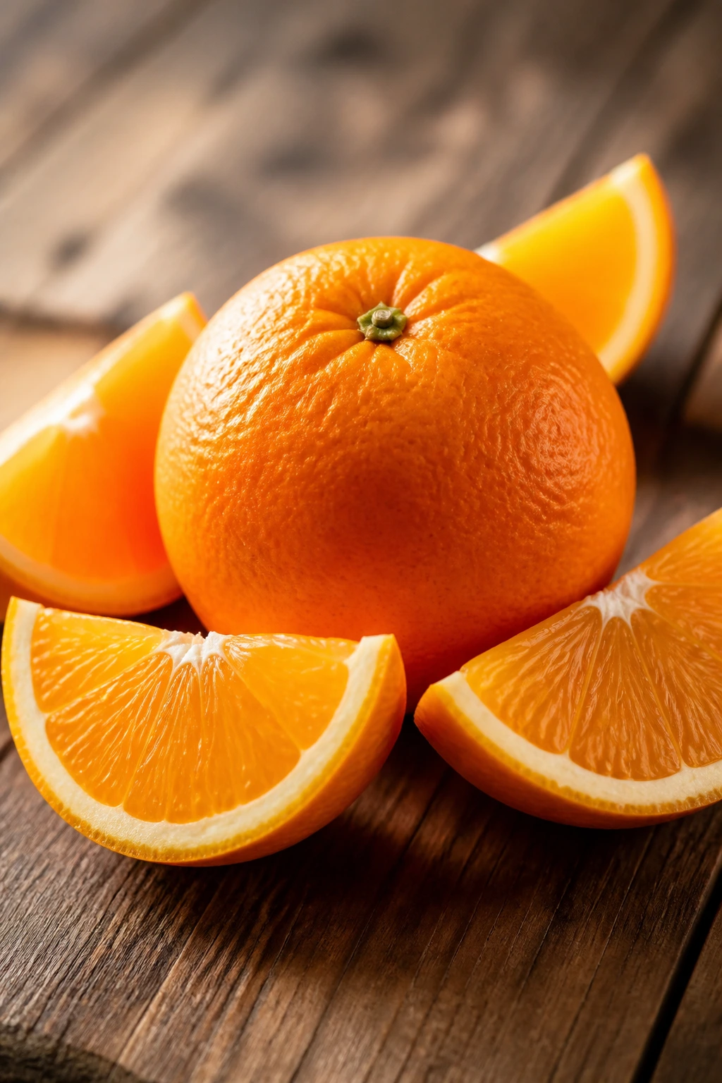 Are Oranges Good For Sore Throat And Cough? 4 Whole orange with slices arranged on wood, vibrant and inviting.