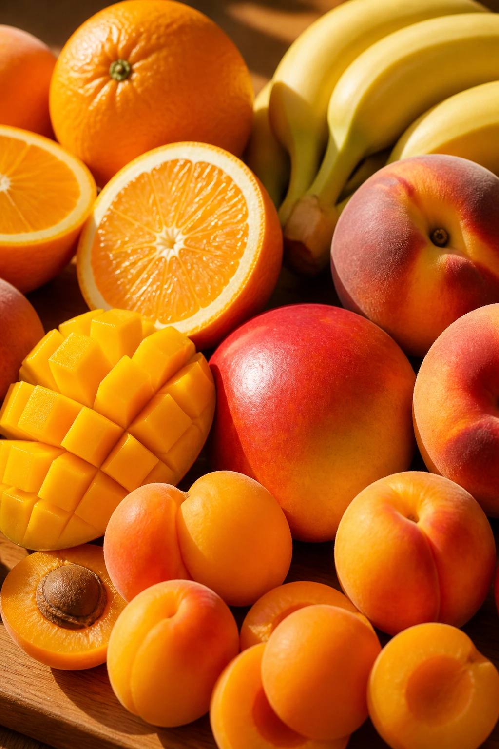 Close-up of orange and yellow fruits on a sunlit wooden board