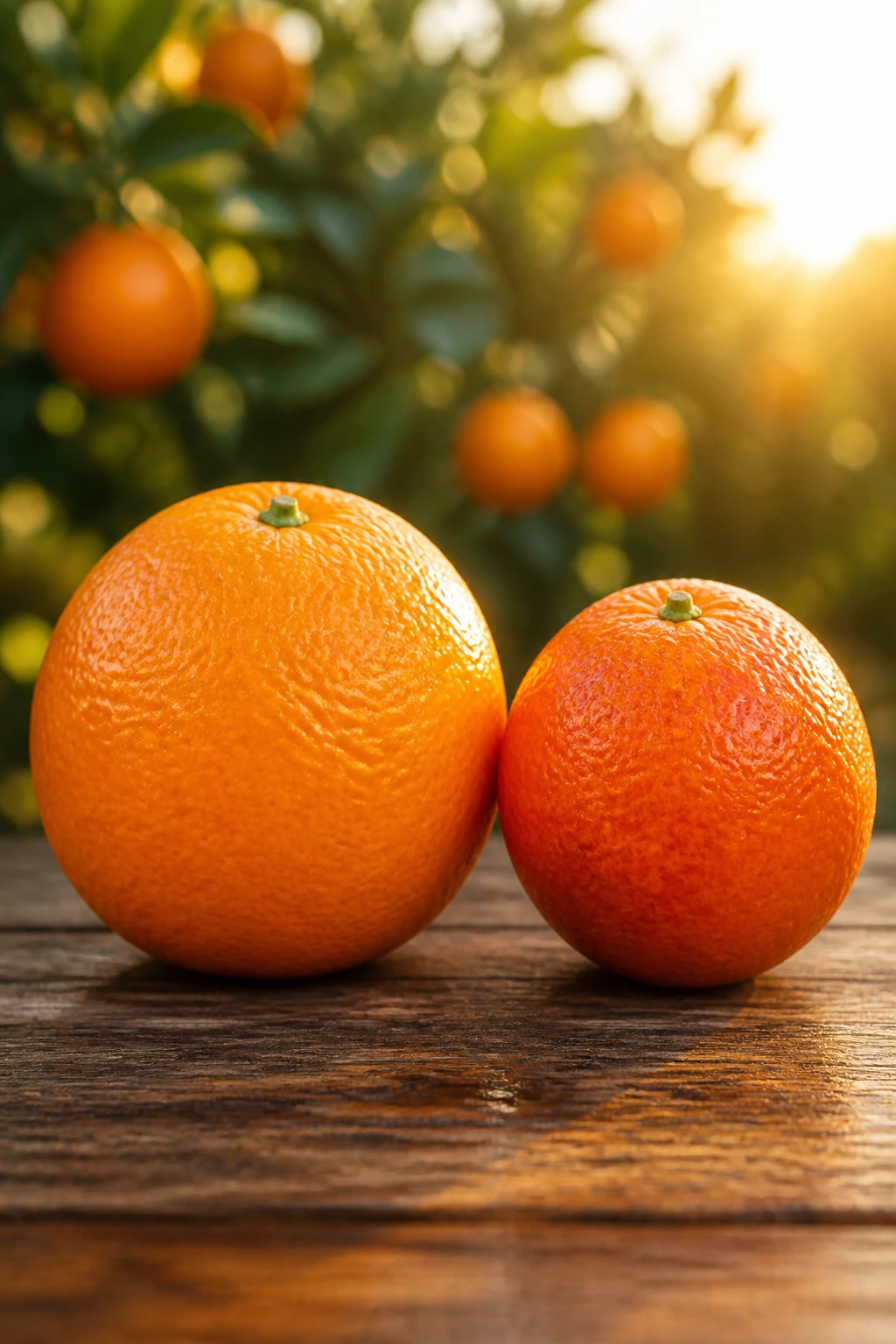 Navel Orange Vs Valencia Orange: What's The Difference? 3 Two oranges side by side showing size and hue differences in an orchard background