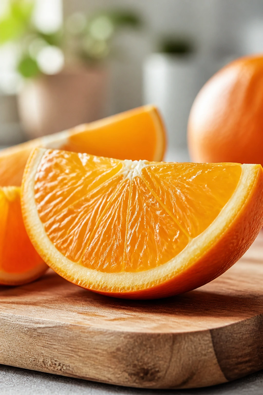 Sliced orange wedge on cutting board in warm kitchen light