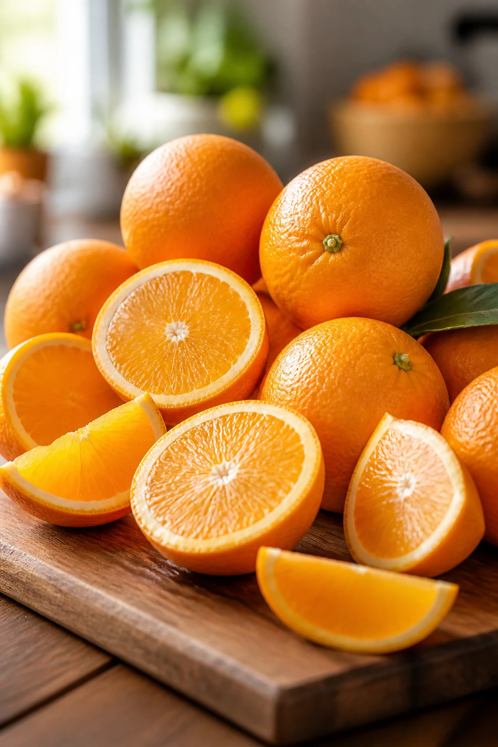 Fresh oranges on a cutting board in a kitchen setting