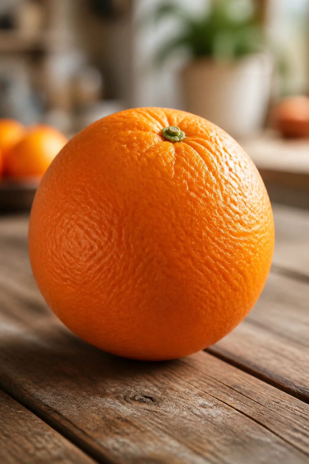 Whole orange on rustic wood with soft kitchen backdrop