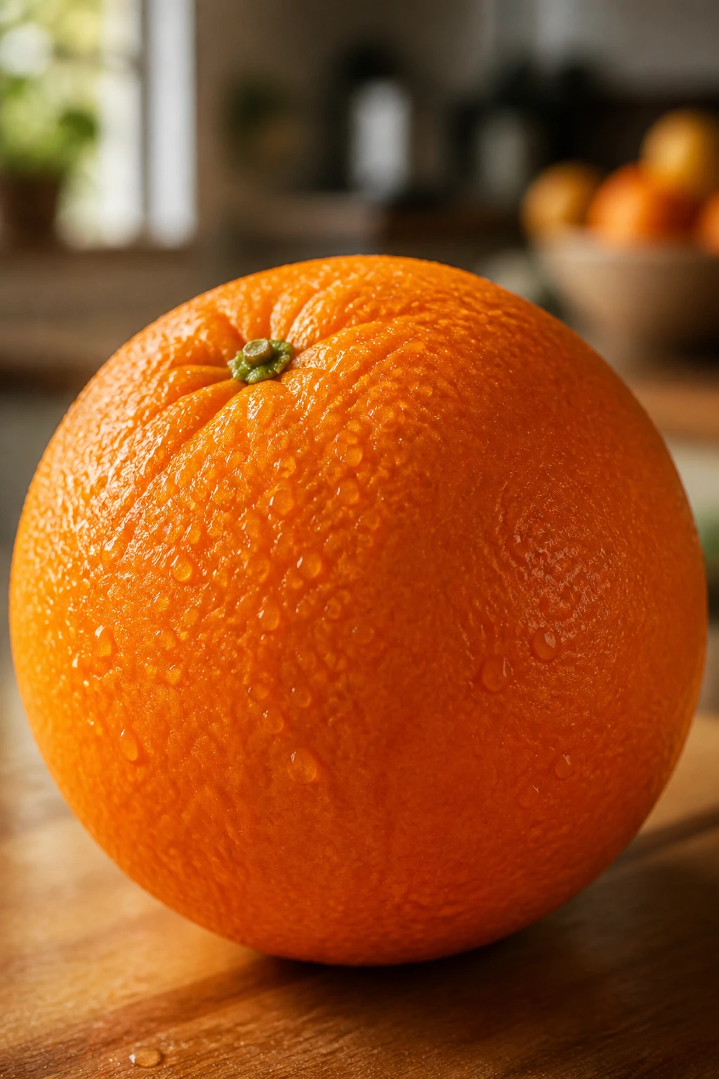 Close-up of a ripe orange on a warm kitchen counter with textured rind