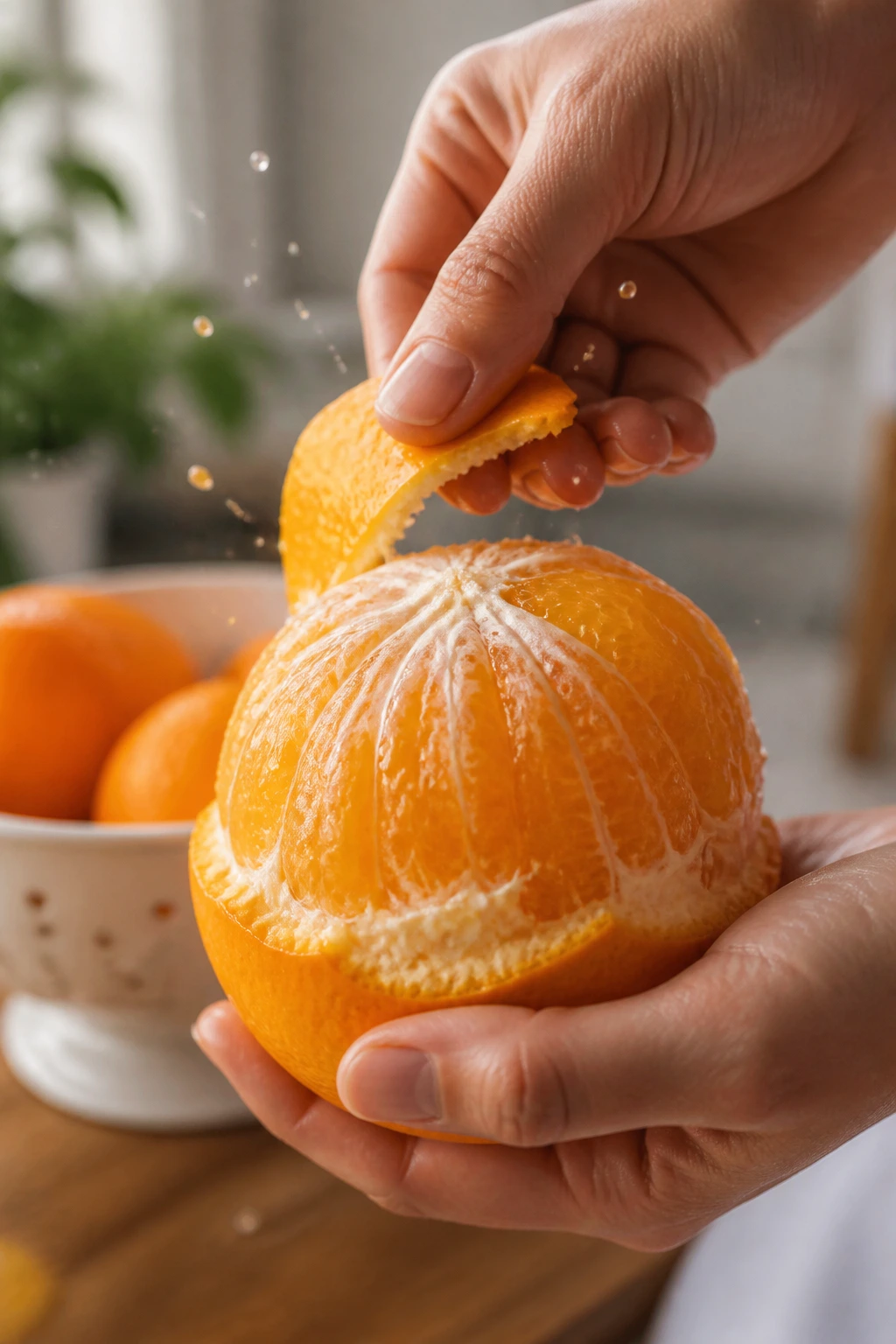 Close-up of a hand peeling a ripe orange in a bright kitchen
