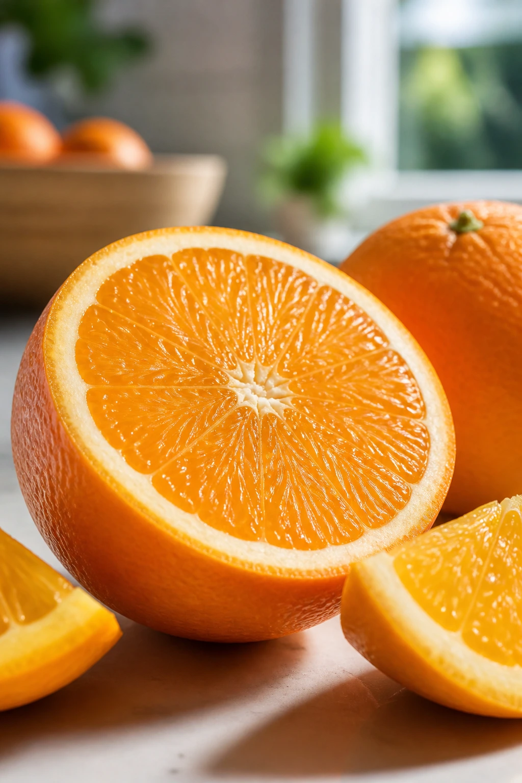 Macro shot of a ripe orange on a kitchen counter